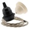 Pendant Kit Bakelite Ceiling Cup in Applied Ivory Finish with a Black Bakelite Lampholder and Linen Flex