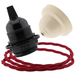 Pendant Kit Bakelite Ceiling Cup in Applied Ivory Finish with a Black Bakelite Lampholder and Bright Red Flex