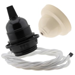Pendant Kit Bakelite Ceiling Cup in Applied Ivory Finish with a Black Bakelite Lampholder and White Flex