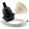 Pendant Kit Bakelite Ceiling Cup in Applied Ivory Finish with a Black Bakelite Lampholder and White Flex