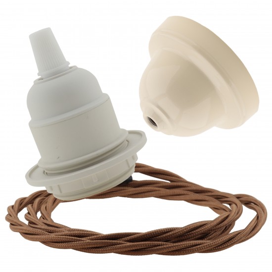 Pendant Kit with Bakelite Ceiling Cup with Applied Ivory Finish E27 White Thermoset Plastic Lampholder and Bronze Flex