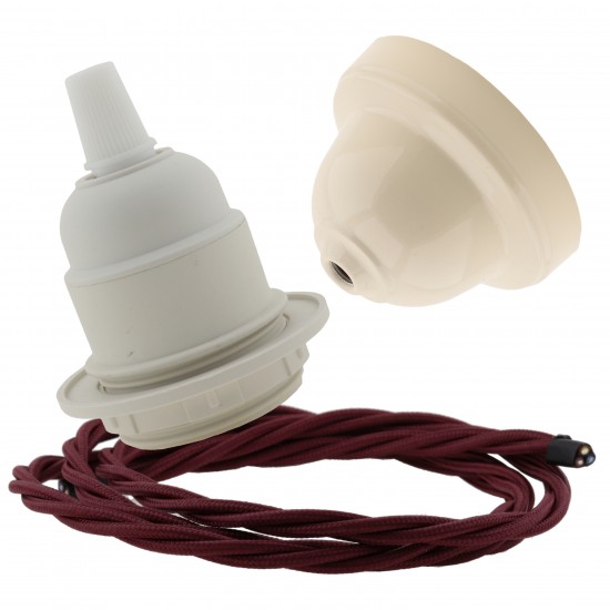 Pendant Kit with Bakelite Ceiling Cup with Applied Ivory Finish E27 White Thermoset Plastic Lampholder and Rich Burgundy Flex