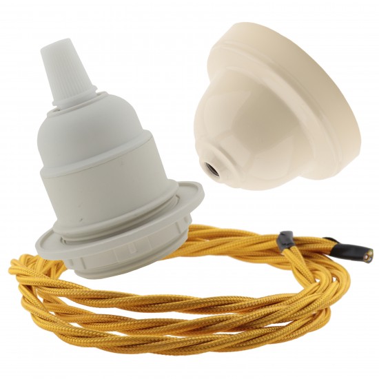 Pendant Kit with Bakelite Ceiling Cup with Applied Ivory Finish E27 White Thermoset Plastic Lampholder and Gold Flex
