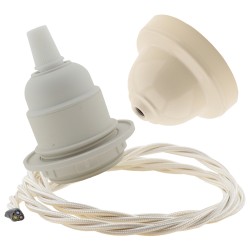 Pendant Kit with Bakelite Ceiling Cup with Applied Ivory Finish E27 White Thermoset Plastic Lampholder and Classic Ivory Flex Pendant Kit with Bakelite Ceiling Cup with Applied Ivory Finish E27 White Thermoset Plastic Lampholder and Classic Ivory Flex