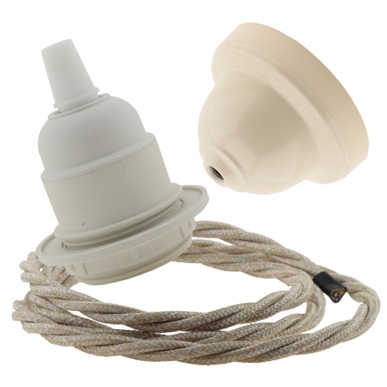 Pendant Kit with Bakelite Ceiling Cup with Applied Ivory Finish E27 White Thermoset Plastic Lampholder and Linen Flex