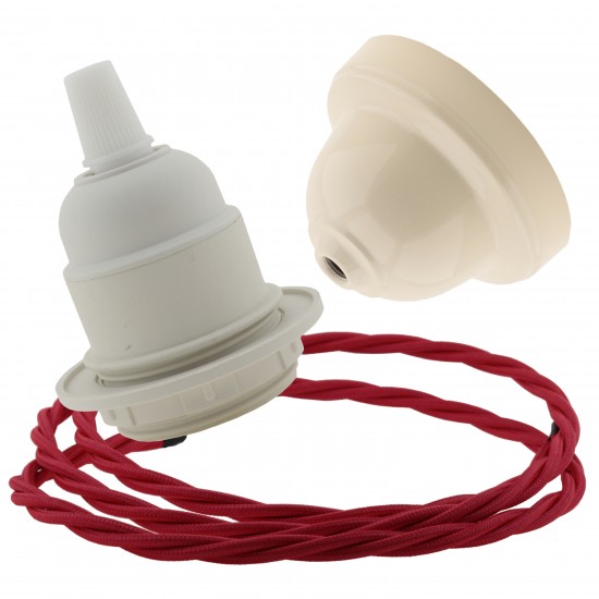 Pendant Kit with Bakelite Ceiling Cup with Applied Ivory Finish E27 White Thermoset Plastic Lampholder and Bright Red Flex