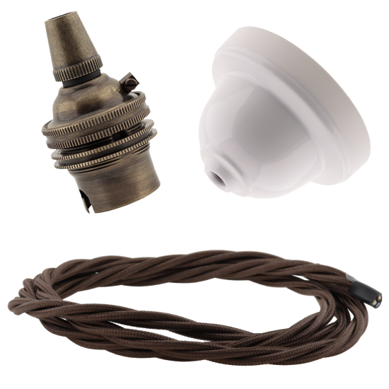 White Bakelite Ceiling Pendant Kit with B22 Antique Brass Lampholder and Mocha Brown Flex