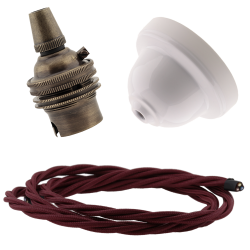 White Bakelite Ceiling Pendant Kit with B22 Antique Brass Lampholder and Rich Burgundy Flex