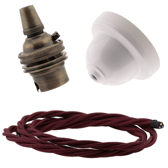 White Bakelite Ceiling Pendant Kit with B22 Antique Brass Lampholder and Rich Burgundy Flex