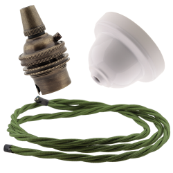 White Bakelite Ceiling Pendant Kit with B22 Antique Brass Lampholder and Green Flex