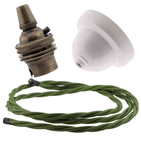 White Bakelite Ceiling Pendant Kit with B22 Antique Brass Lampholder and Green Flex