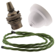 White Bakelite Ceiling Pendant Kit with B22 Antique Brass Lampholder and Green Flex