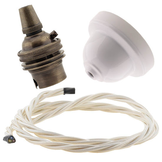 White Bakelite Ceiling Pendant Kit with B22 Antique Brass Lampholder and Classic Ivory Flex