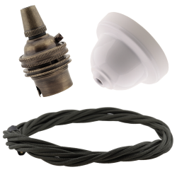 White Bakelite Ceiling Pendant Kit with B22 Antique Brass Lampholder and Khaki Green Flex