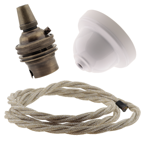 White Bakelite Ceiling Pendant Kit with B22 Antique Brass Lampholder and Linen Flex