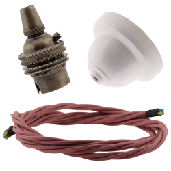White Bakelite Ceiling Pendant Kit with B22 Antique Brass Lampholder and Dusky Pink Flex White Bakelite Ceiling Pendant Kit with B22 Antique Brass Lampholder and Dusky Pink Flex