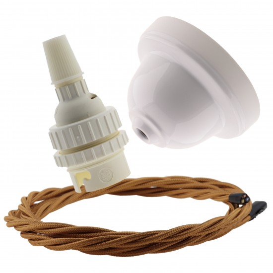 White Bakelite Ceiling Pendant Kit with B22 White Thermoset Lampholder and Antique Gold Flex White Bakelite Ceiling Pendant Kit with B22 White Thermoset Lampholder and Antique Gold Flex