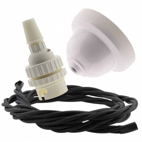 White Bakelite Ceiling Pendant Kit with B22 White Thermoset Lampholder and Black Flex White Bakelite Ceiling Pendant Kit with B22 White Thermoset Lampholder and Black Flex