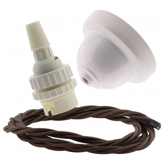 White Bakelite Ceiling Pendant Kit with B22 White Thermoset Lampholder and Mocha Brown Flex
