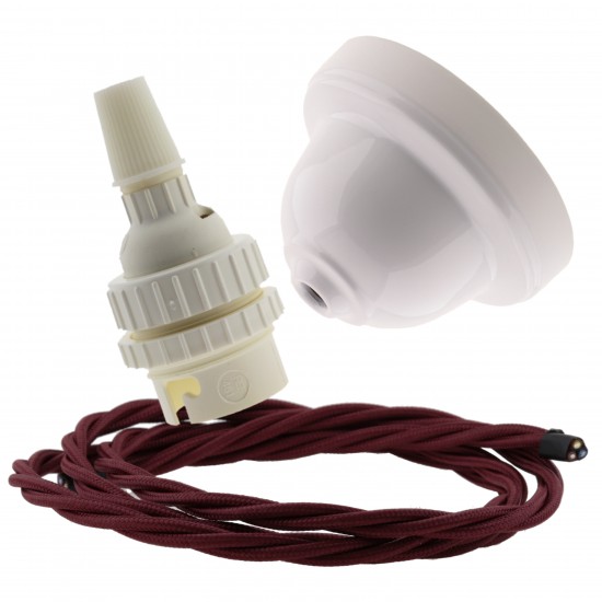 White Bakelite Ceiling Pendant Kit with B22 White Thermoset Lampholder and Rich Burgundy Flex White Bakelite Ceiling Pendant Kit with B22 White Thermoset Lampholder and Rich Burgundy Flex