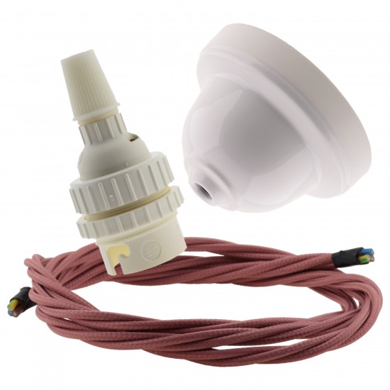 White Bakelite Ceiling Pendant Kit with B22 White Thermoset Lampholder and Dusky Pink Flex White Bakelite Ceiling Pendant Kit with B22 White Thermoset Lampholder and Dusky Pink Flex