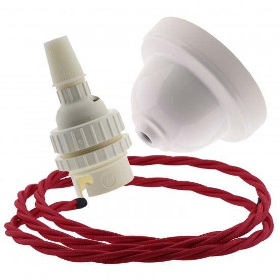White Bakelite Ceiling Pendant Kit with B22 White Thermoset Lampholder and Bright Red Flex