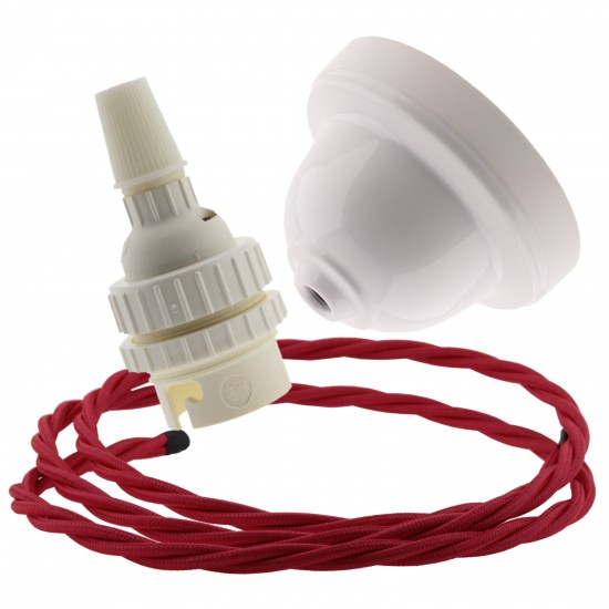White Bakelite Ceiling Pendant Kit with B22 White Thermoset Lampholder and Bright Red Flex White Bakelite Ceiling Pendant Kit with B22 White Thermoset Lampholder and Bright Red Flex