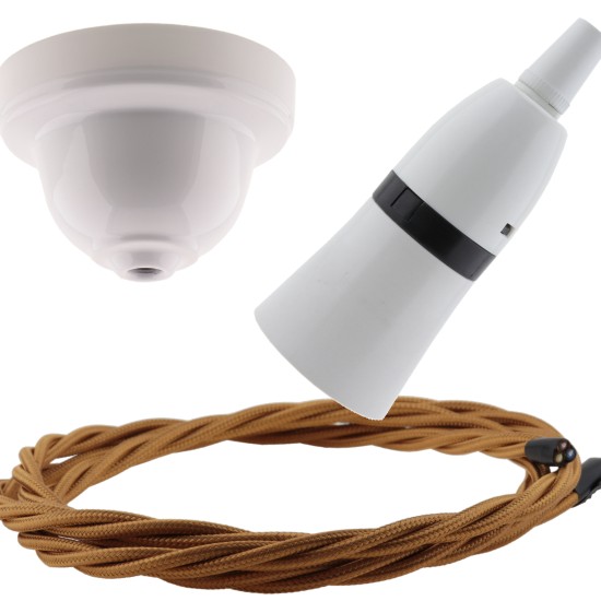 White Bakelite Ceiling Pendant Kit with B22 White Bakelite Lampholder and Antique Gold Flex