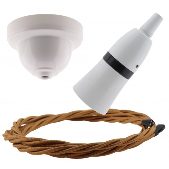 White Bakelite Ceiling Pendant Kit with B22 White Bakelite Lampholder and Antique Gold Flex White Bakelite Ceiling Pendant Kit with B22 White Bakelite Lampholder and Antique Gold Flex