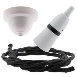 White Bakelite Ceiling Pendant Kit with B22 White Bakelite Lampholder and Black Flex