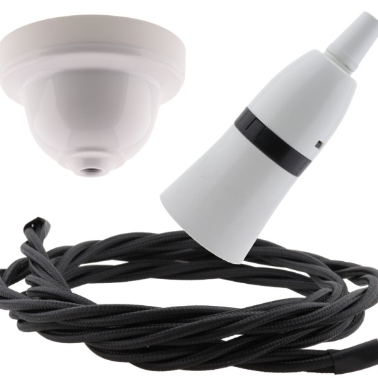 White Bakelite Ceiling Pendant Kit with B22 White Bakelite Lampholder and Black Flex