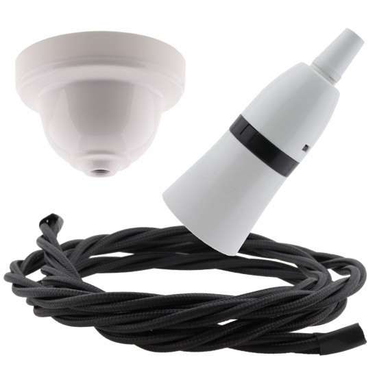White Bakelite Ceiling Pendant Kit with B22 White Bakelite Lampholder and Black Flex White Bakelite Ceiling Pendant Kit with B22 White Bakelite Lampholder and Black Flex