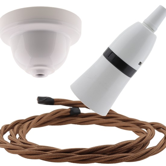 White Bakelite Ceiling Pendant Kit with B22 White Bakelite Lampholder and Bronze Flex