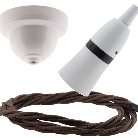 White Bakelite Ceiling Pendant Kit with B22 White Bakelite Lampholder and Mocha Brown Flex