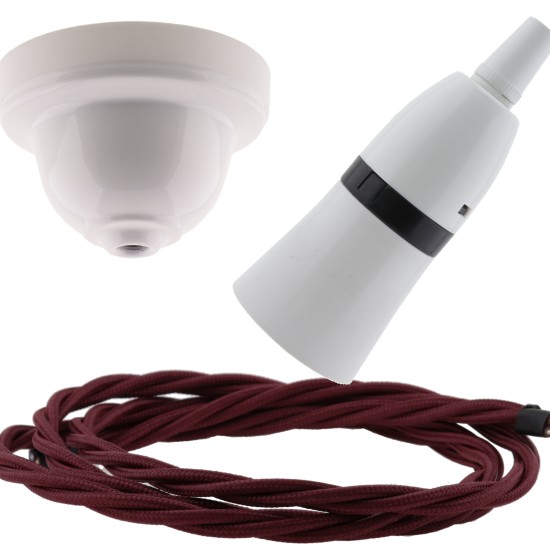 White Bakelite Ceiling Pendant Kit with B22 White Bakelite Lampholder and Rich Burgundy Flex