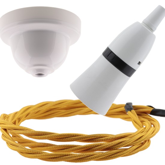 White Bakelite Ceiling Pendant Kit with B22 White Bakelite Lampholder and Gold Flex