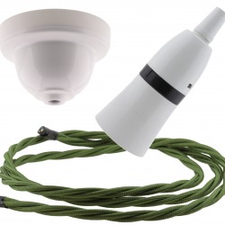 White Bakelite Ceiling Pendant Kit with B22 White Bakelite Lampholder and Green Flex