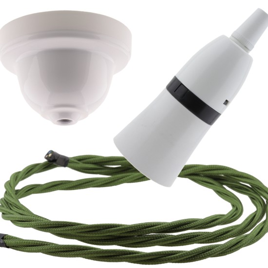 White Bakelite Ceiling Pendant Kit with B22 White Bakelite Lampholder and Green Flex