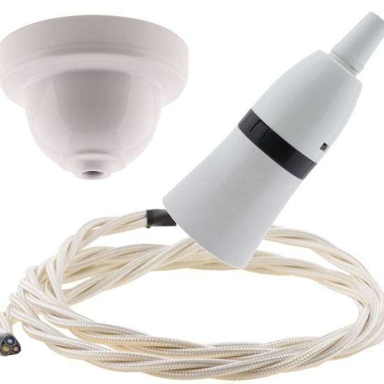 White Bakelite Ceiling Pendant Kit with B22 White Bakelite Lampholder and Classic Ivory Flex