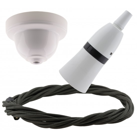 White Bakelite Ceiling Pendant Kit with B22 White Bakelite Lampholder and Khaki Green Flex White Bakelite Ceiling Pendant Kit with B22 White Bakelite Lampholder and Khaki Green Flex