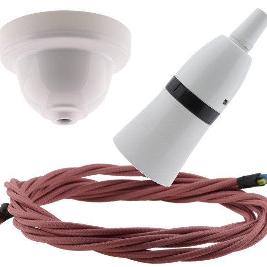 White Bakelite Ceiling Pendant Kit with B22 White Bakelite Lampholder and Dusky Pink Flex