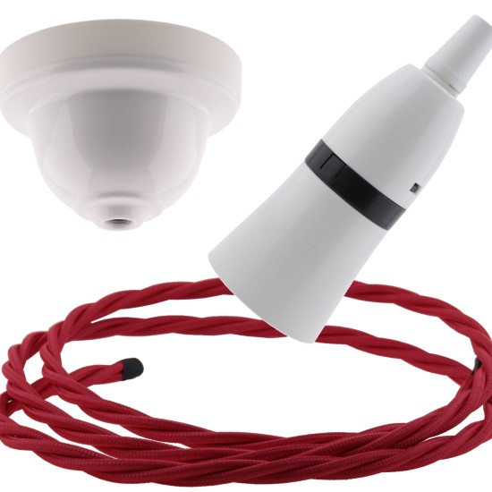 White Bakelite Ceiling Pendant Kit with B22 White Bakelite Lampholder and Bright Red Flex