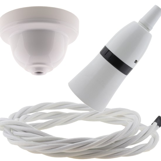 White Bakelite Ceiling Pendant Kit with B22 White Bakelite Lampholder and White Flex