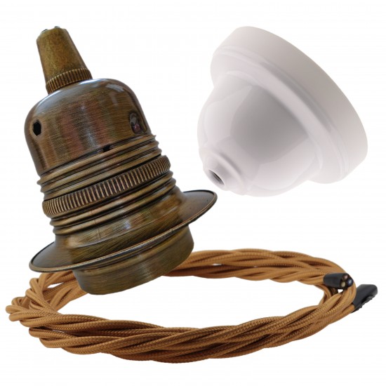 Pendant Kit with Applied White Bakelite Ceiling cup E27 Antique Brass Finish Lampholder and Antique Gold Flex