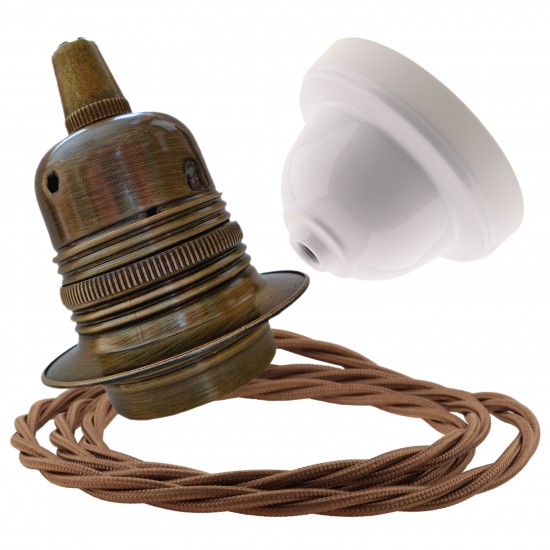 Pendant Kit with Applied White Bakelite Ceiling cup E27 Antique Brass Finish Lampholder and Bronze Flex