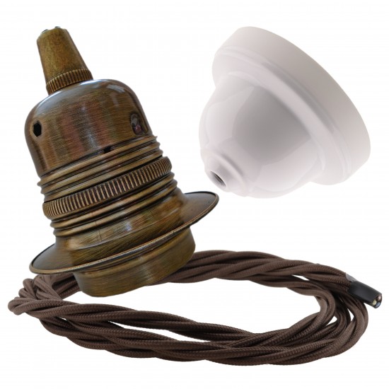 Pendant Kit with Applied White Bakelite Ceiling cup E27 Antique Brass Finish Lampholder and Mocha Applied White Flex