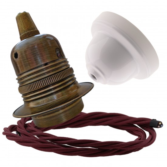 Pendant Kit with Applied White Bakelite Ceiling cup E27 Antique Brass Finish Lampholder and Rich Burgundy Flex