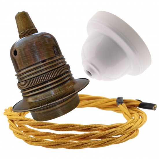 Pendant Kit with Applied White Bakelite Ceiling cup E27 Antique Brass Finish Lampholder and Gold Flex
