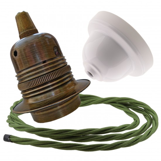 Pendant Kit with Applied White Bakelite Ceiling cup E27 Antique Brass Finish Lampholder and Green Flex