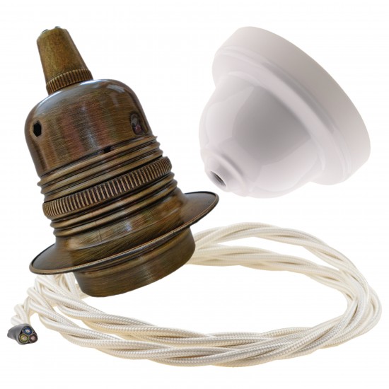 Pendant Kit with Applied White Bakelite Ceiling cup E27 Antique Brass Finish Lampholder and Classic Ivory Flex